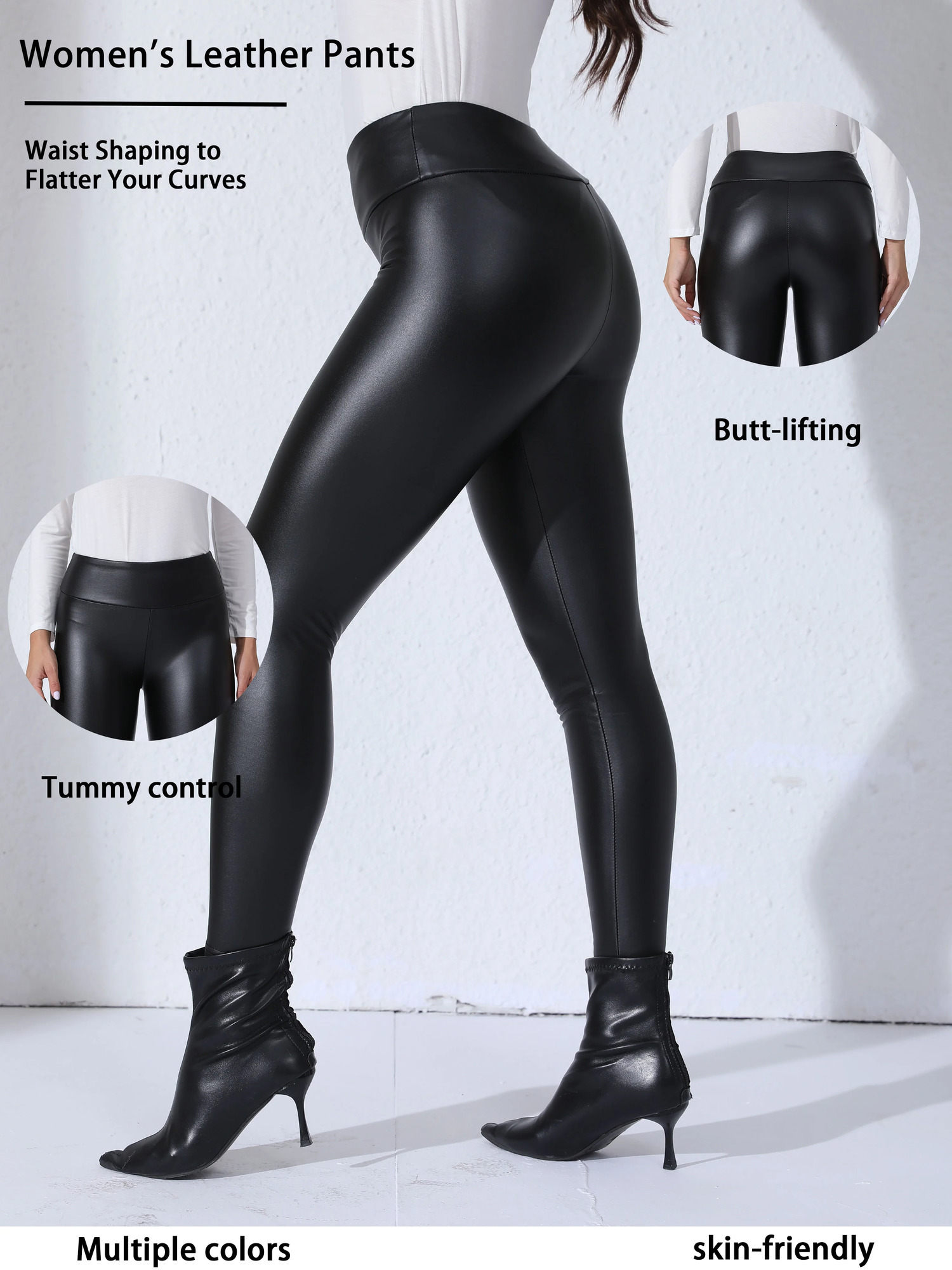 Women PU Leather Fleecelined Leggings With Pockets Elastic Slim Skinny Pants High Waist Daily Trendy Casual Trousers 260714banjia