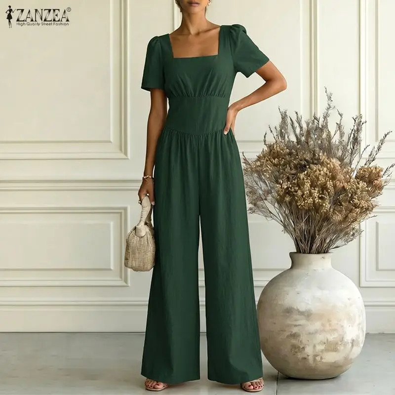 ZANZEA Summer Women Overalls Pants Rompers Elegant Square Neck Waisted Jumpsuits Solid Loose Wide Leg Trouser Streetwear 260714banjia - view 6