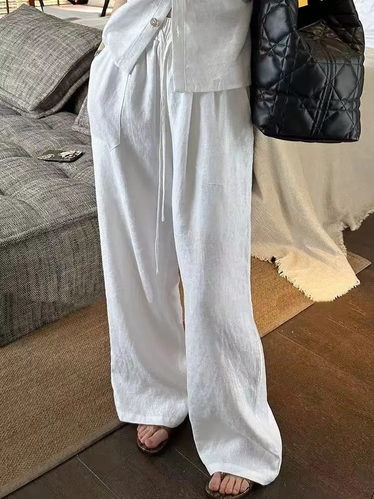 Casual 100 linen loose elastic waist long pants 260714banjia