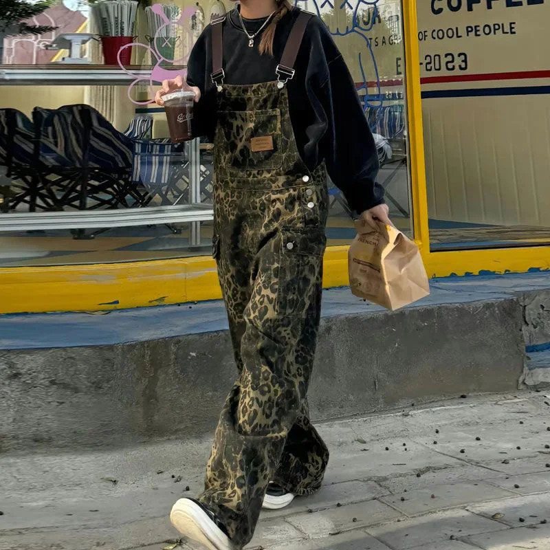 Chic Retro Girls High Waist Jumpsuit Jean Loose Fit Overalls Pants Female Leopard Printed Wide Leg Denim Trousers 260714banjia