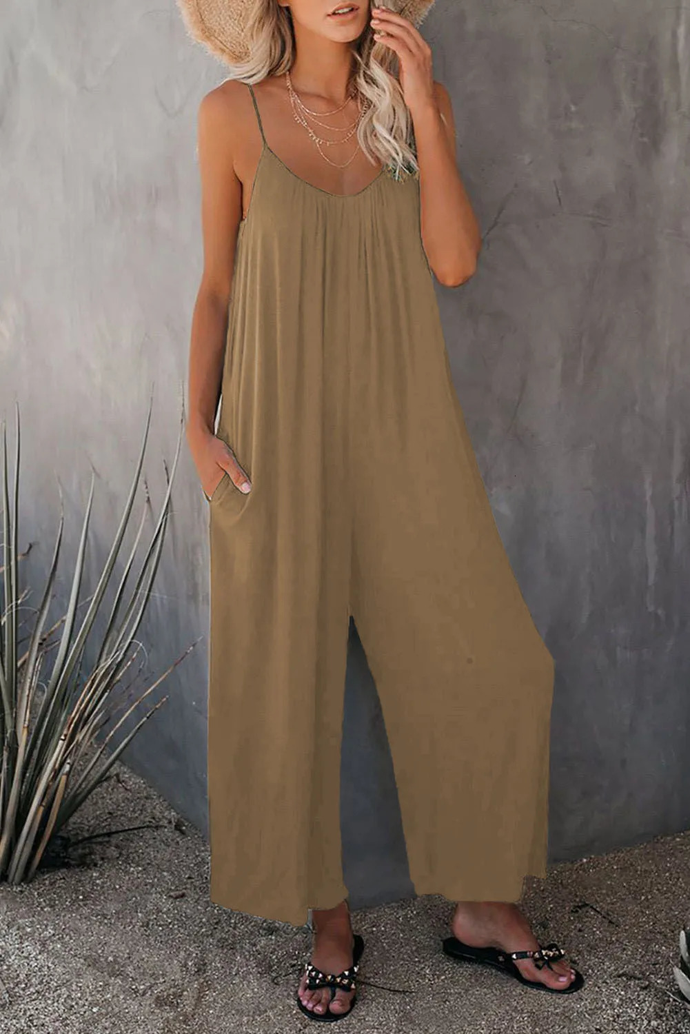 Strap jumpsuit for womens summer crossborder solid color inserted bag casual 260714banjia