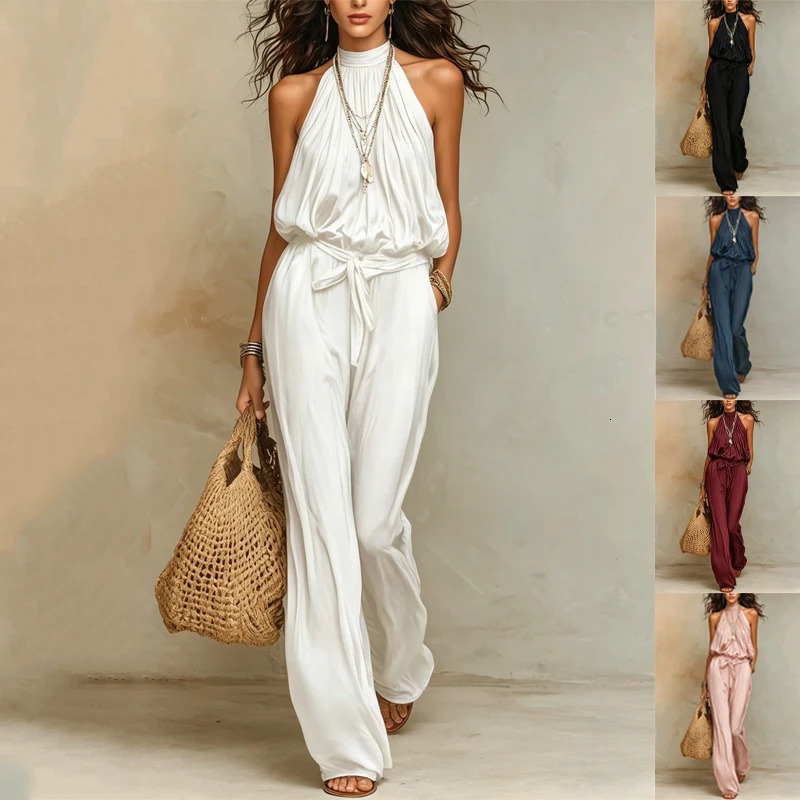 Women Halter Neck Sleeveless Jumpsuit Elastic Waist Belted Wide Leg Pants Summer Casual Loose Solid Color Romper 260714banjia