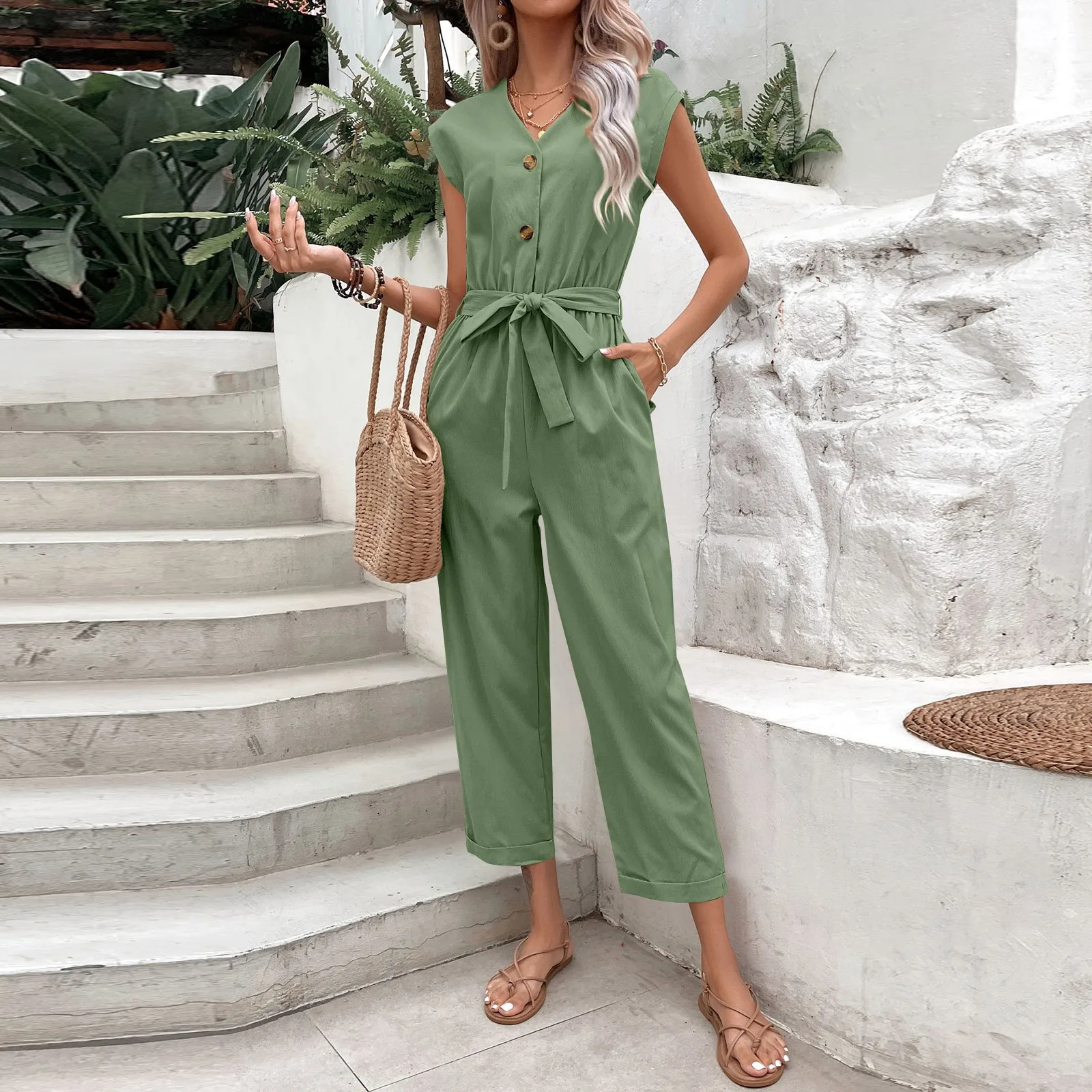 Summer Fashion Short Sleeve Jumpsuit Women Loose Cropped Pants Solid Color Casual Vneck vestidos para 260714banjia