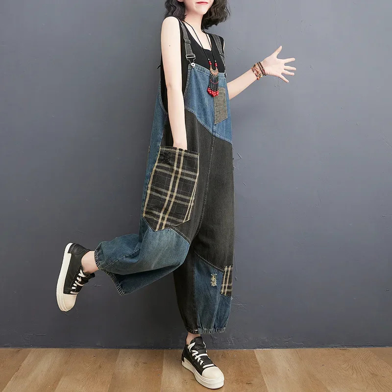 Fashionable plus Size Denim Overalls Spring Loose High Waist Color Block Plaid Wide Leg Nine Point Pants 260714banjia