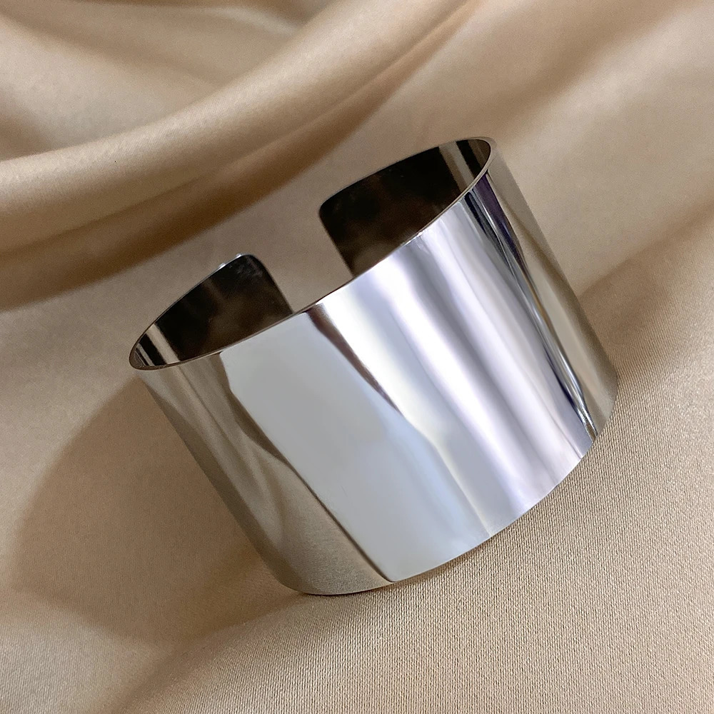 Minimalist Stainless Steel Wide Cuff Bracelets Bangles for Women Glossy Chunky Gold Silver Color Open Bangle Waterproof Jewelry260713 - view 6