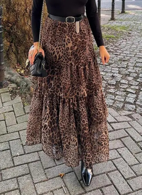 Skirt for Women 2026 Spring Fashion Leopard Print Slit Front High Waist Streetwear Casual Ruffles Cake Long Skirt 260714 - view 3