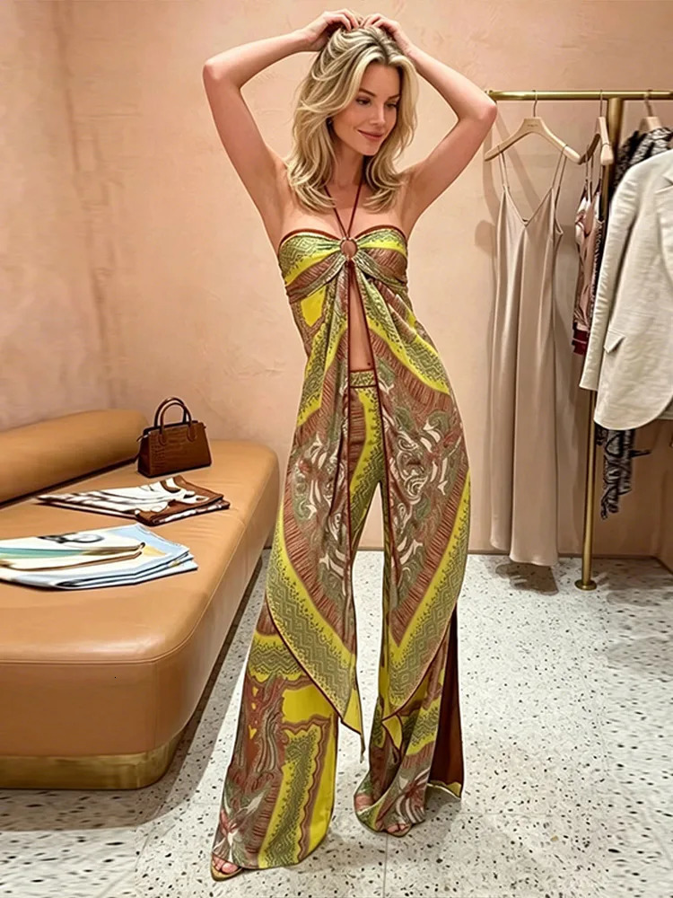 Boho Printed Vest Pants Set Women Halter Hollow Sleeveless Backless Tops Wide Leg Pant 2026 Summer Lady Beach Vacation Outfits 260714