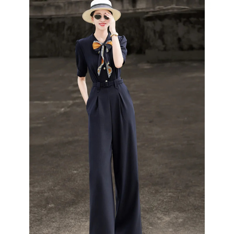 MEXCOCO 2026 Summer Arrival Elegant Jumpsuit Bow Neck with Scarf Highgrade Wide Leg Pants 260714banjia