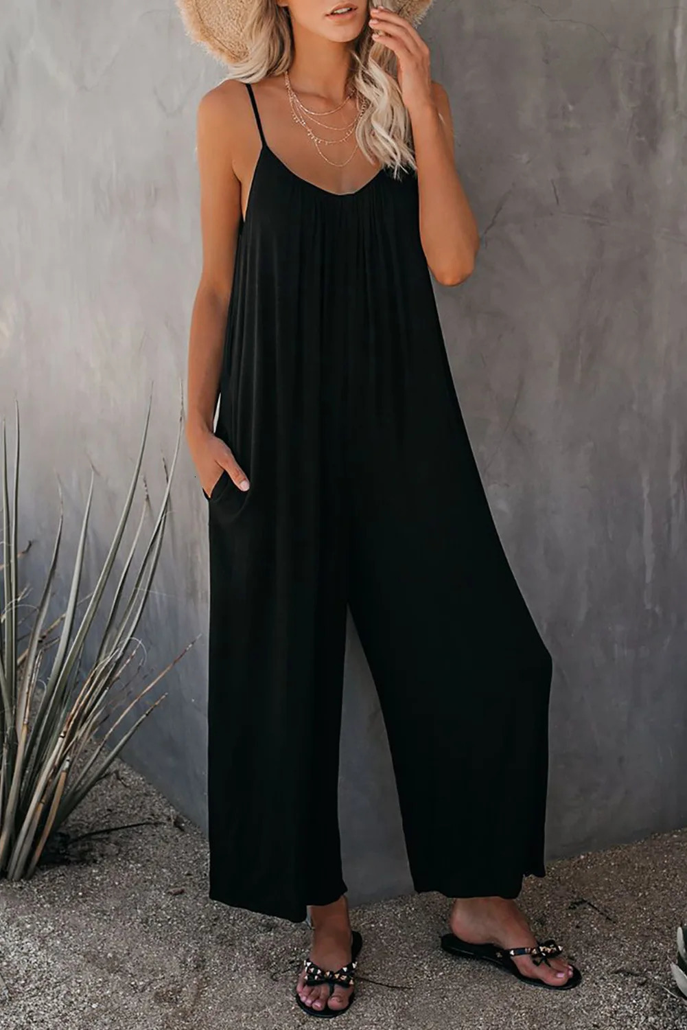 Strap jumpsuit for womens summer crossborder solid color inserted bag casual 260714banjia