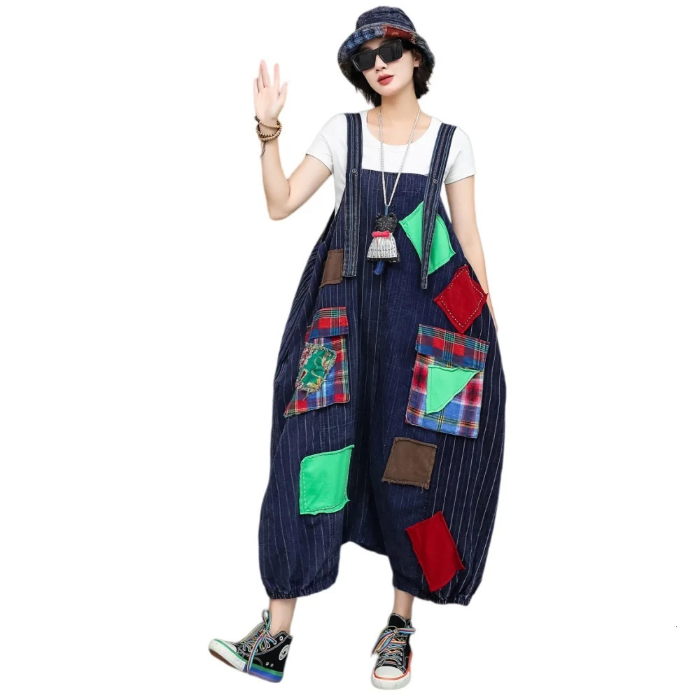 Unique Niche n Vintage Fabric Patchwork Overall Summer Loose Highwaist Large Patch Pockets Jumpsuit LX6079 260714banjia