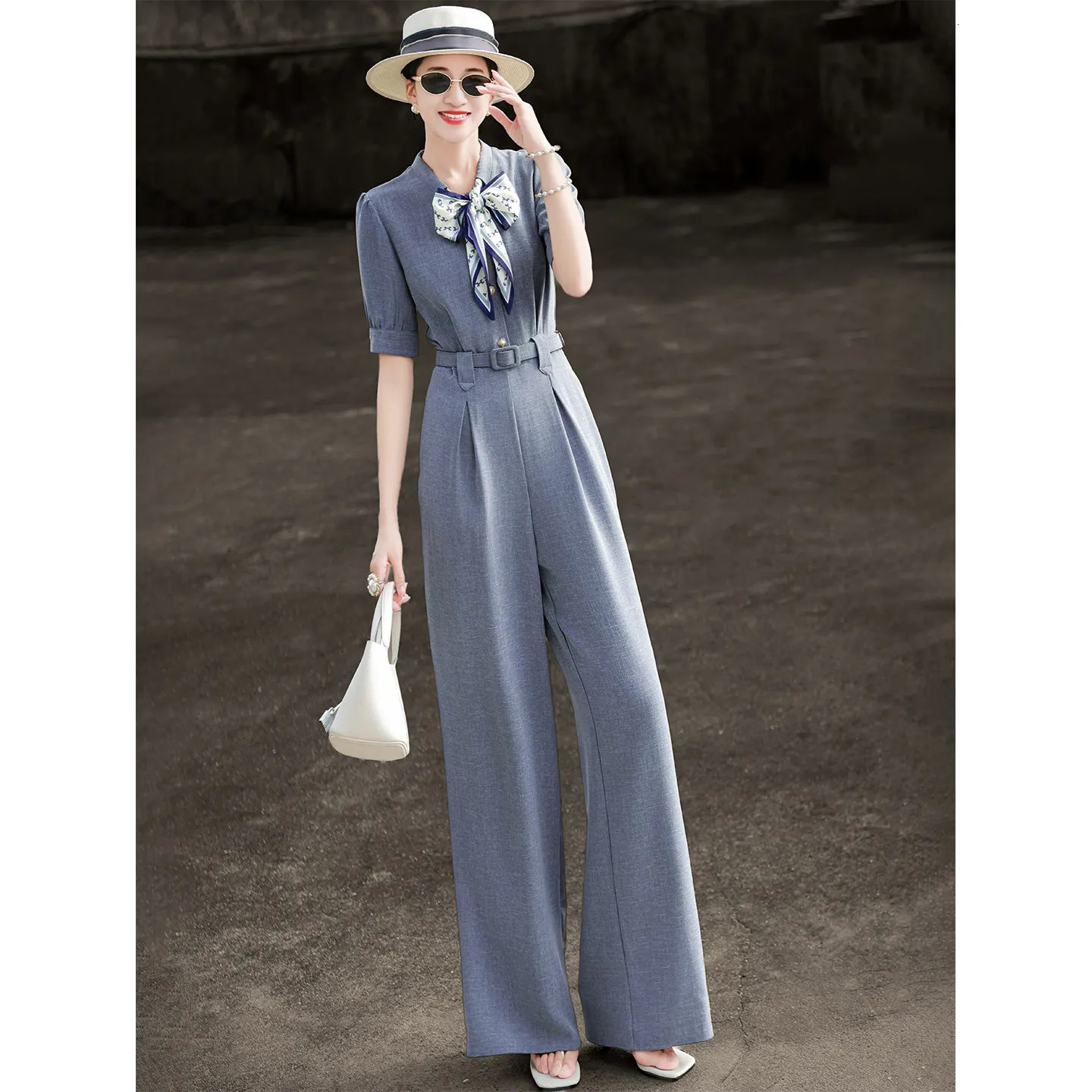 MEXCOCO 2026 Summer Arrival Elegant Jumpsuit Bow Neck with Scarf Highgrade Wide Leg Pants 260714banjia