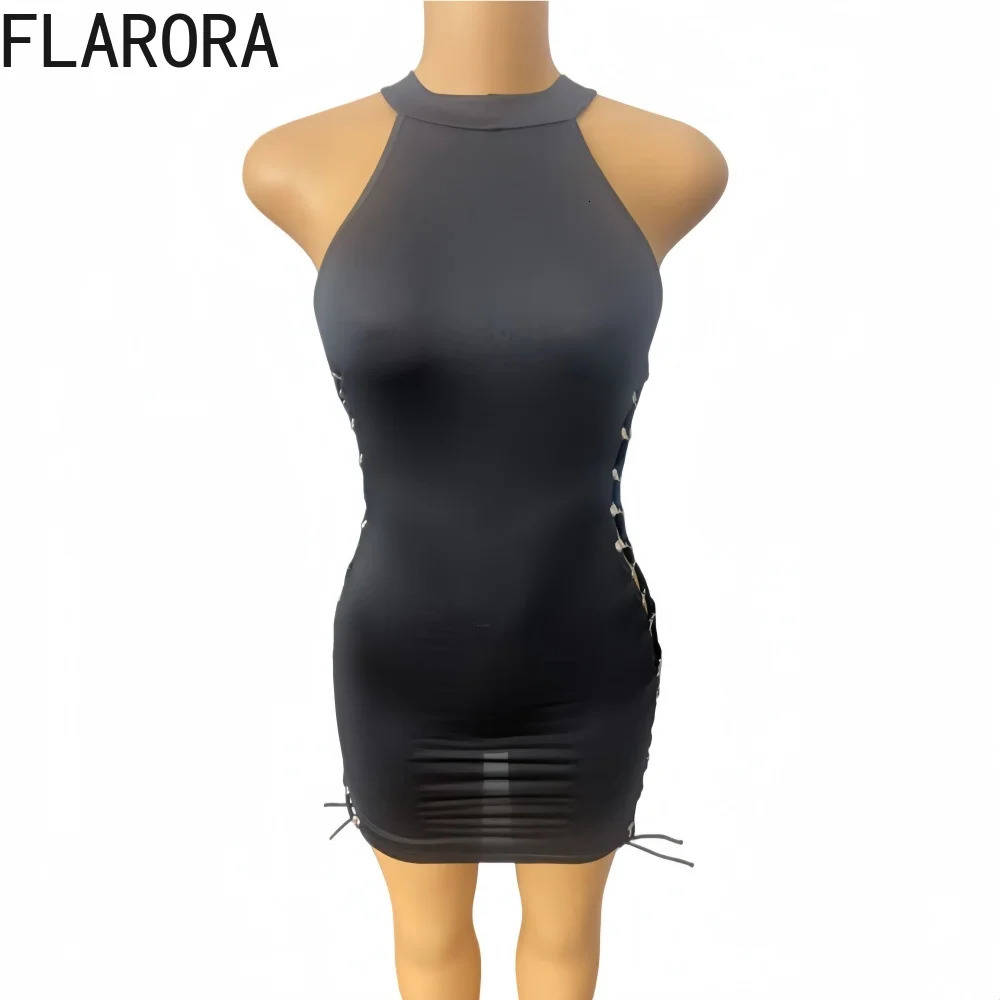 FLARORA Sexy Black Hollow Out Bandage Mini Dress Woman Trend O Neck Sleeveless Bodycon Dresses tie Midnight Party Clubwear 260714banjia