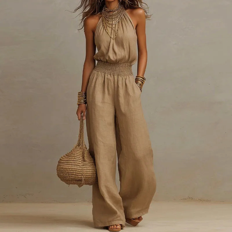 Spring Summer Solid High Waist Woman Jumpsuits Elegant Halter Tieup Backless Rompers Casual Sleeveless Wide Leg Pocket Overalls 260714banjia