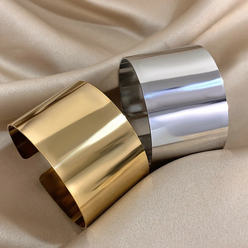 Minimalist Stainless Steel Wide Cuff Bracelets Bangles for Women Glossy Chunky Gold Silver Color Open Bangle Waterproof Jewelry260713 - view 4