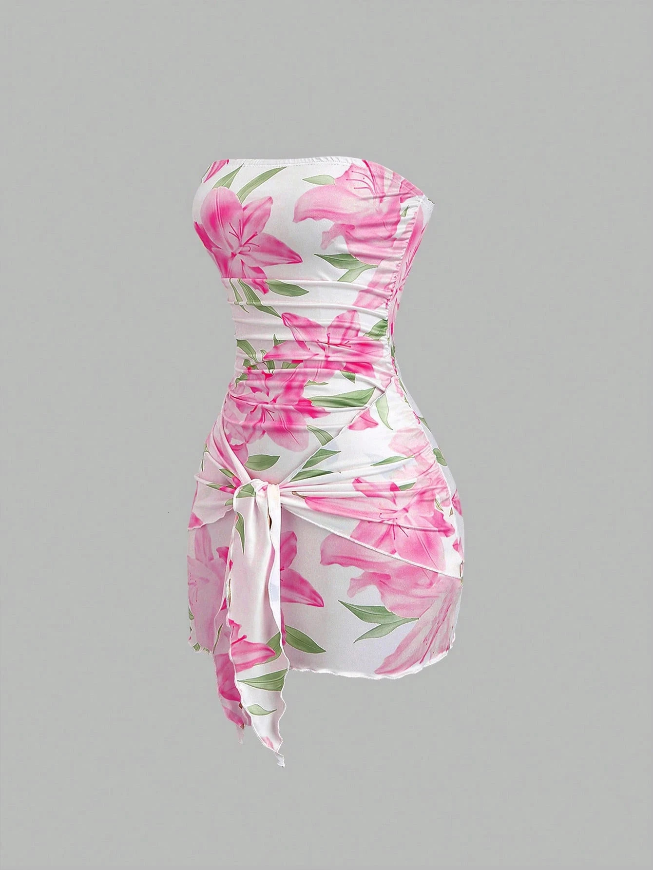 Soft Breeze Lily Print Strapless Short Dress with Waist-Cinching Tie Sexy Date Dress That Hugs the Hips 260716 - view 6