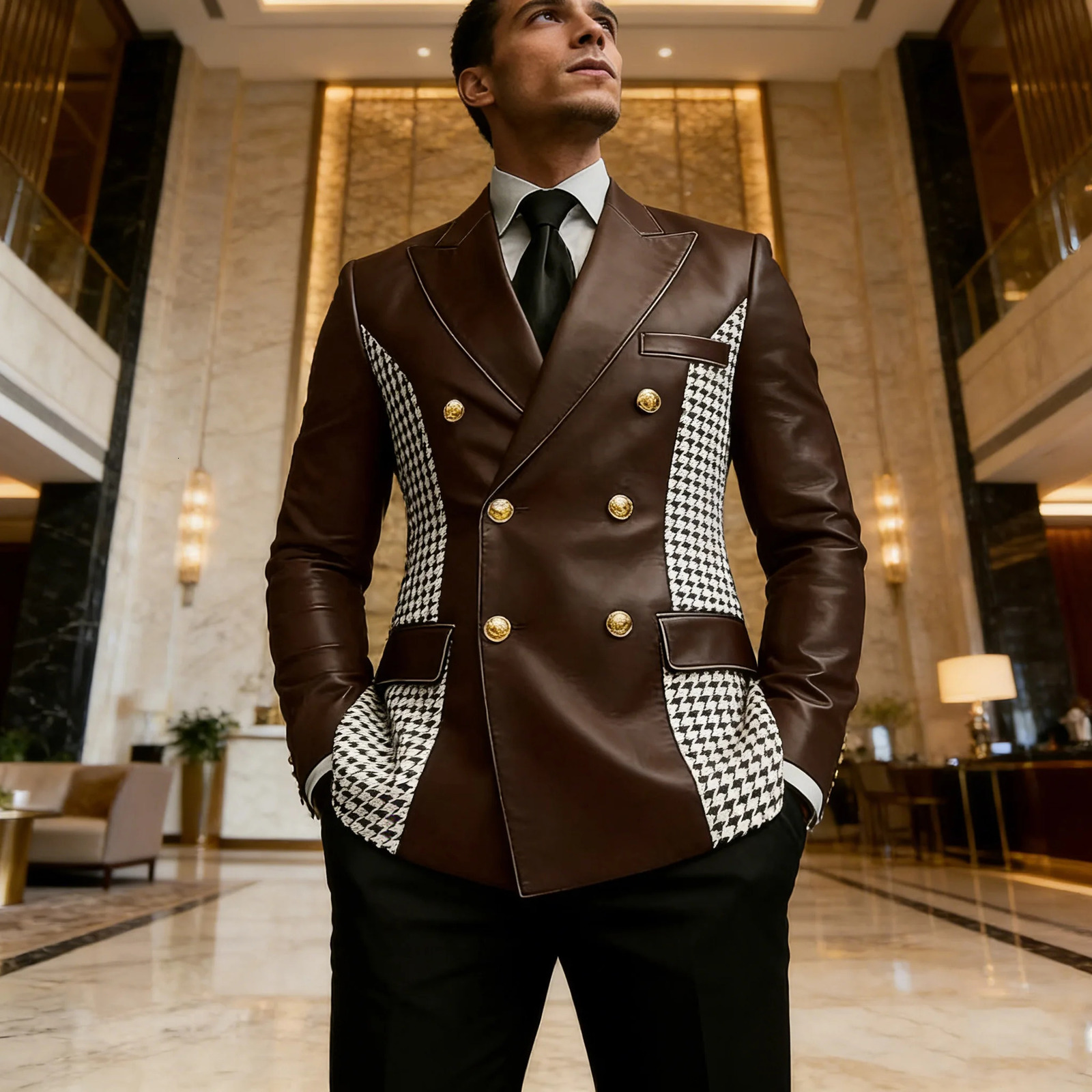 Mens Brown Leather Blazer With Houndstooth Sides Vintage Two-Tone Double Breasted Slim Fit Gold Buttons Leather Tuxedo Jacket 260716 - view 5
