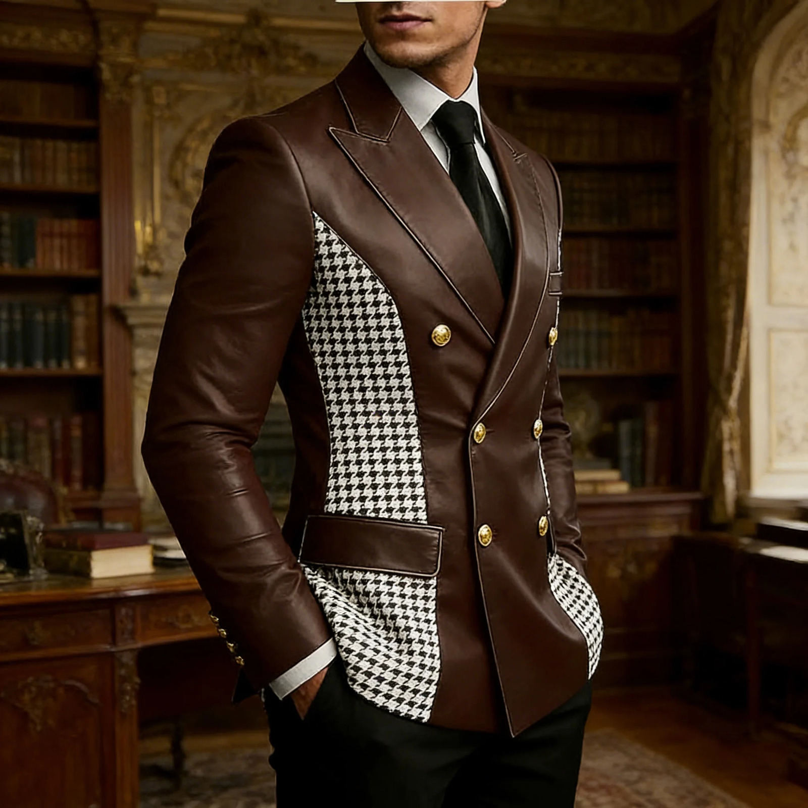 Mens Brown Leather Blazer With Houndstooth Sides Vintage Two-Tone Double Breasted Slim Fit Gold Buttons Leather Tuxedo Jacket 260716 - view 3