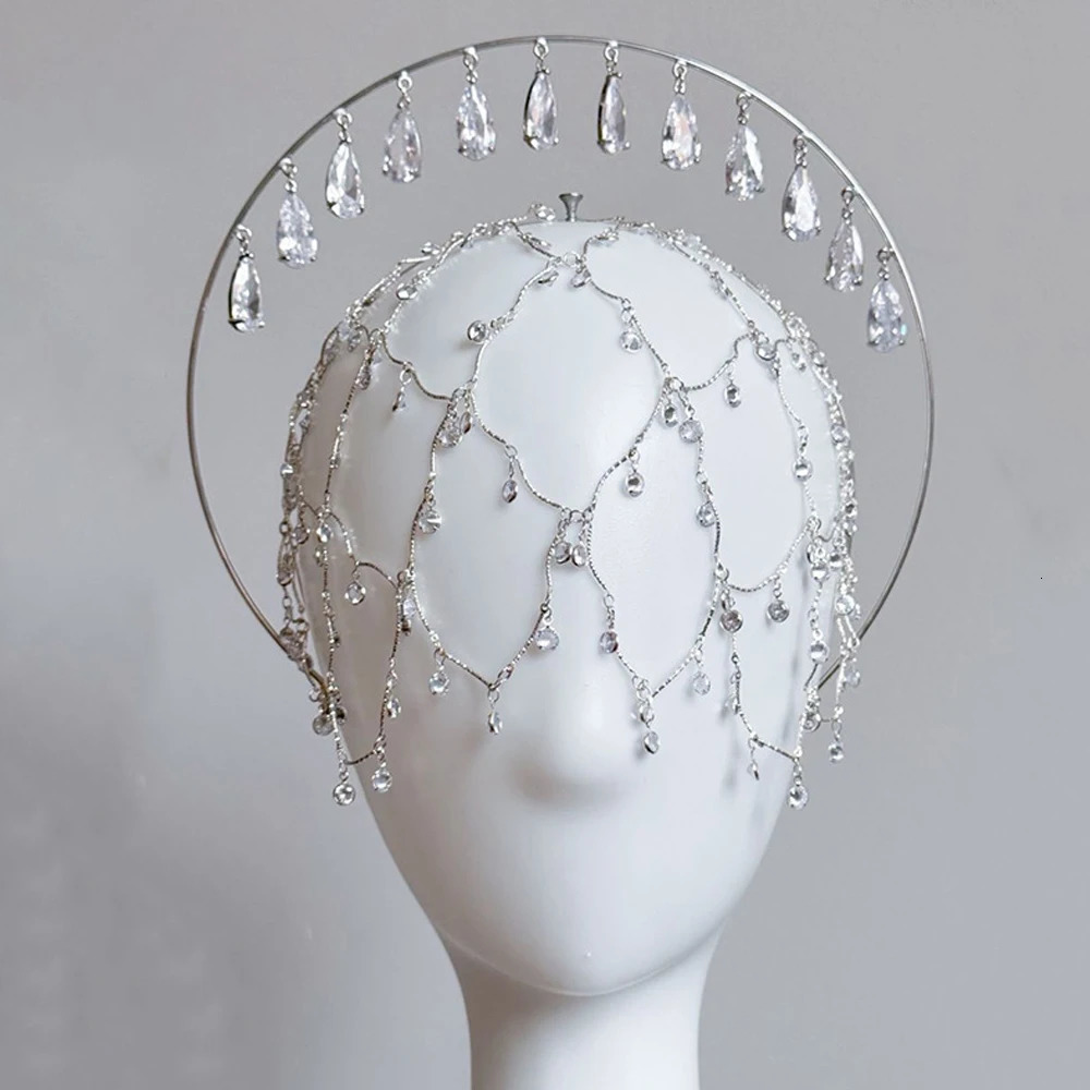 Bridal Water Drop Forehead Headband Hat Princess Hair Accessories INS Fashion Mesh Rhinestone Head Chain Cap Wedding for Women 260715 - view 3
