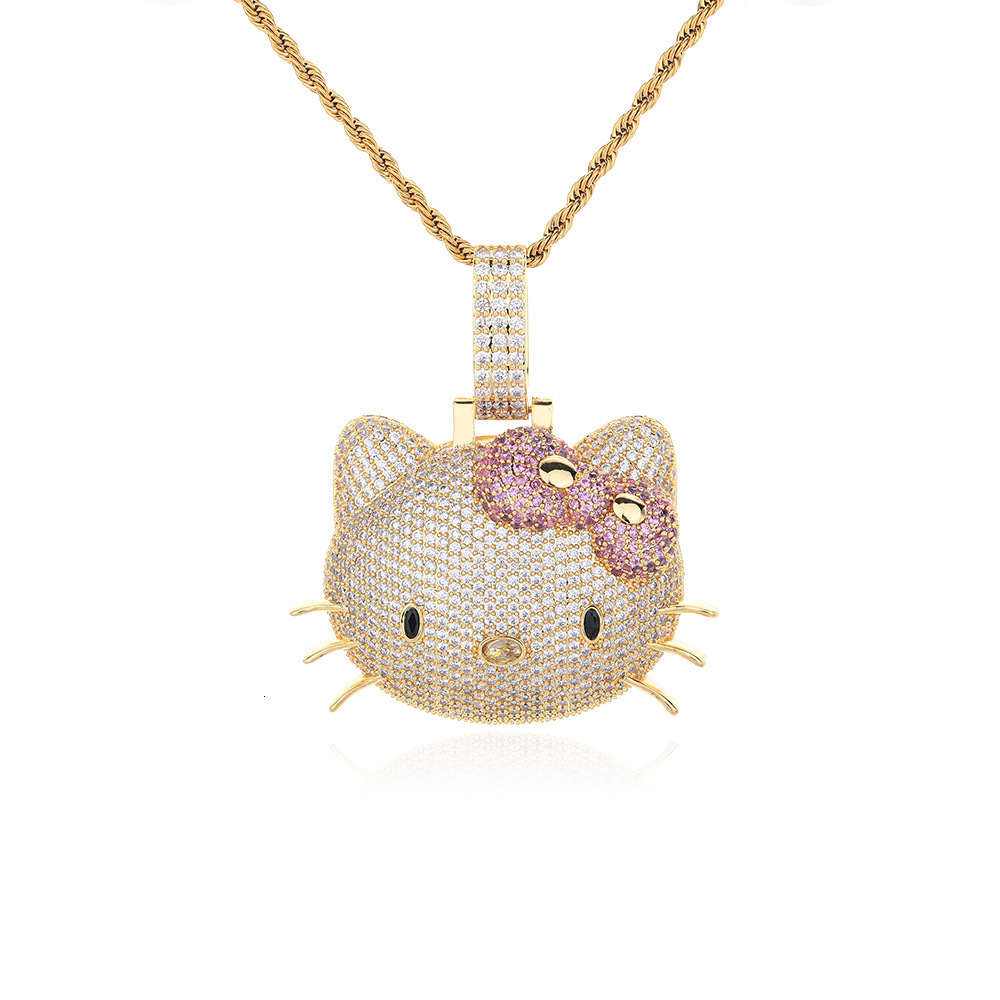 New Luxury Jewelry cat pendant with full diamond inlay cute pink Moissanite fashion personality hip-hop necklace for men and women - view 8