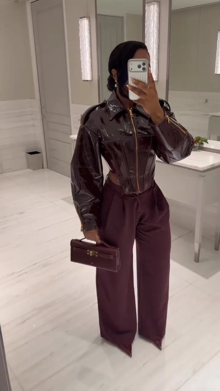 Women Retro Coated Cinched-waist Leather Jacket Lady Casual Lapel Full Sleeve Zipper Fishbone Coats 2026 Daily High Street Coat 260715CJ - view 6