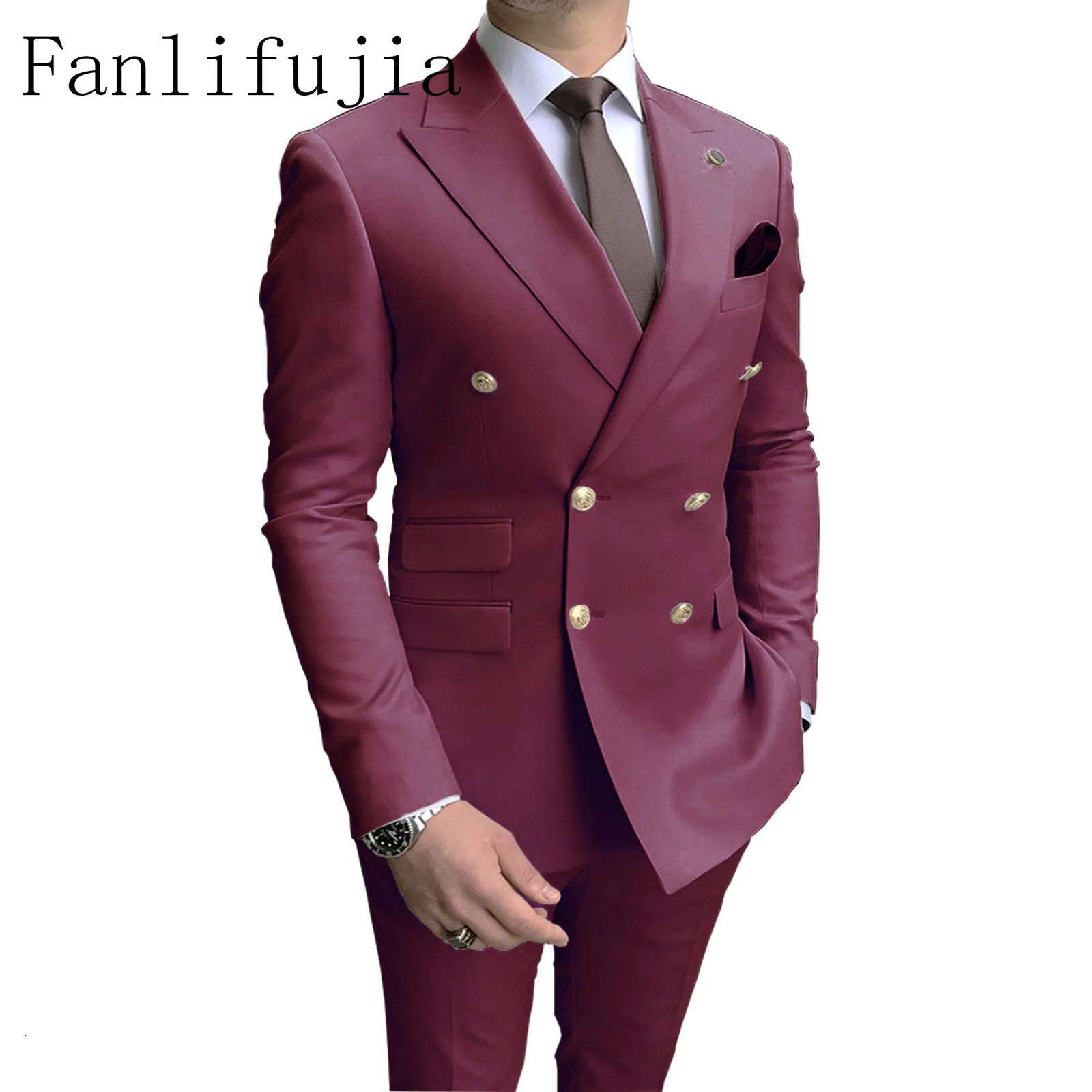 Fanlifujia Store Navy Men Party Tuxedos 2 Pieces Latest Lapel Men Suits Gold Buttons Fashion Style Suits Double Breasted 260715 - view 3