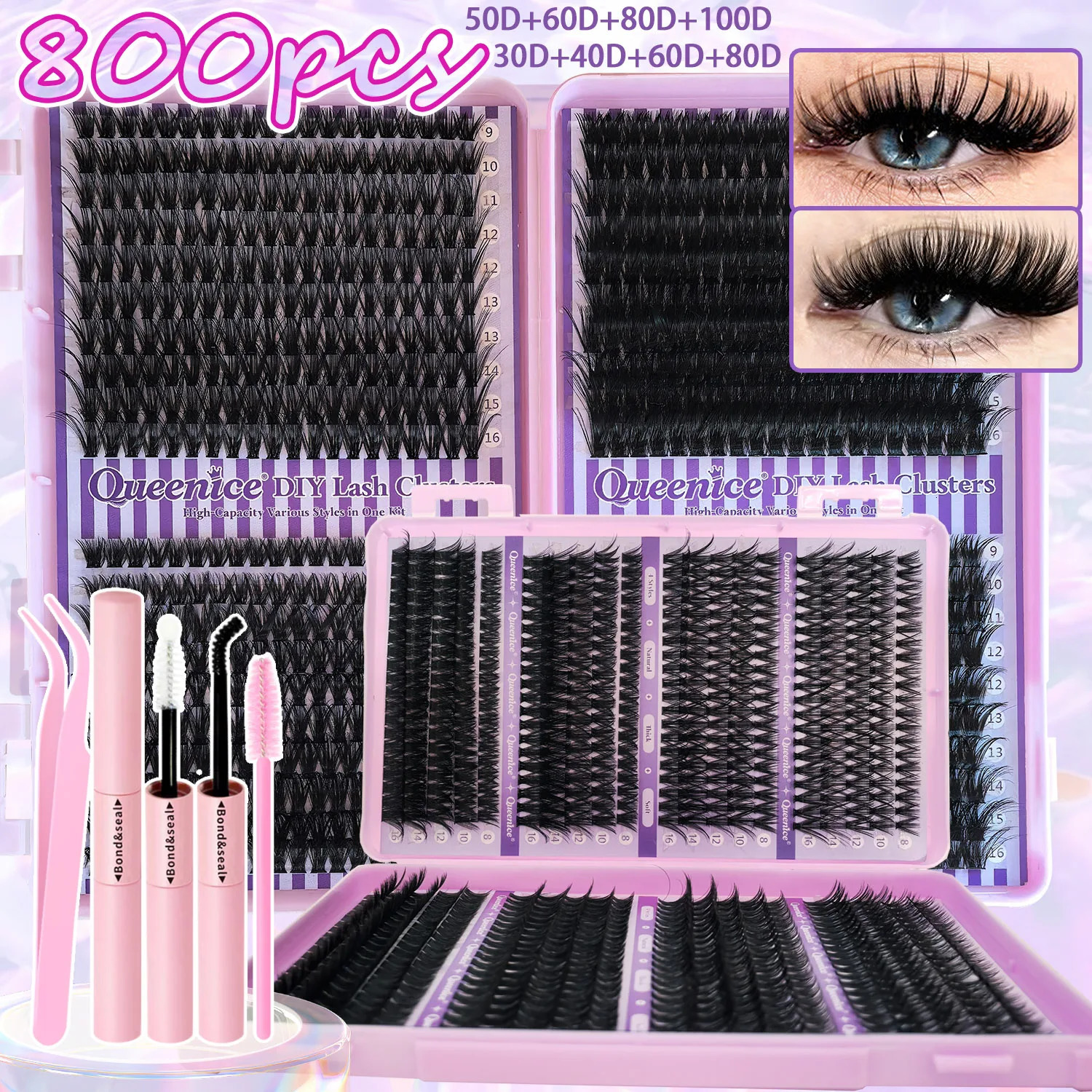 QUEENICE Lashes Cluster DIY Lash Extension Mixed Tray Clusters Eyelashes Fluffy Individual Lashes Cat Eye Lash Extension260716