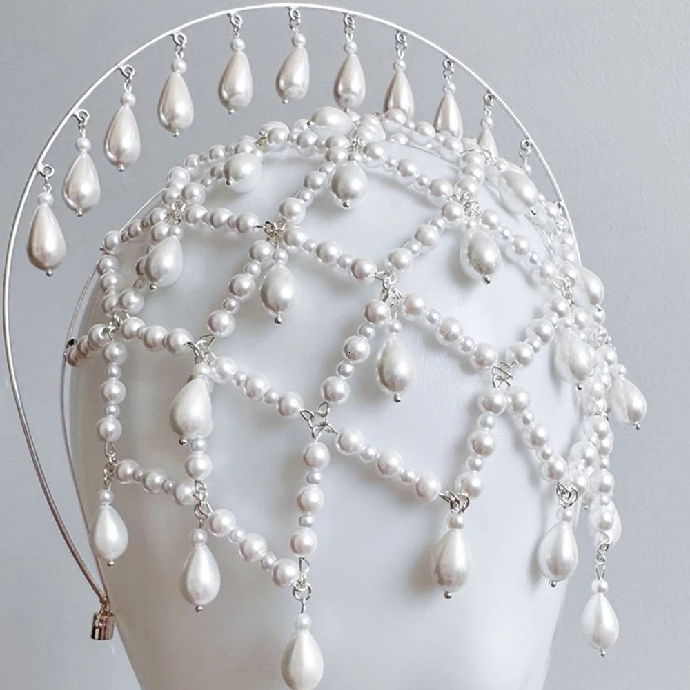Bridal Water Drop Forehead Headband Hat Princess Hair Accessories INS Fashion Mesh Rhinestone Head Chain Cap Wedding for Women 260715 - view 6