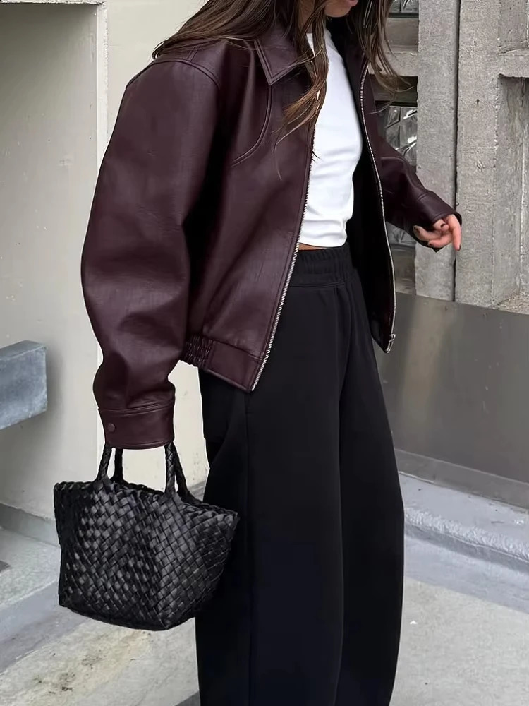 Wine Red Faux Leather Jakcet Fashion Outerwear Thicken Zipper Lapel Pu Coats Autumn Winter Streetwear Ladies Tops Women 260715CJ - view 5