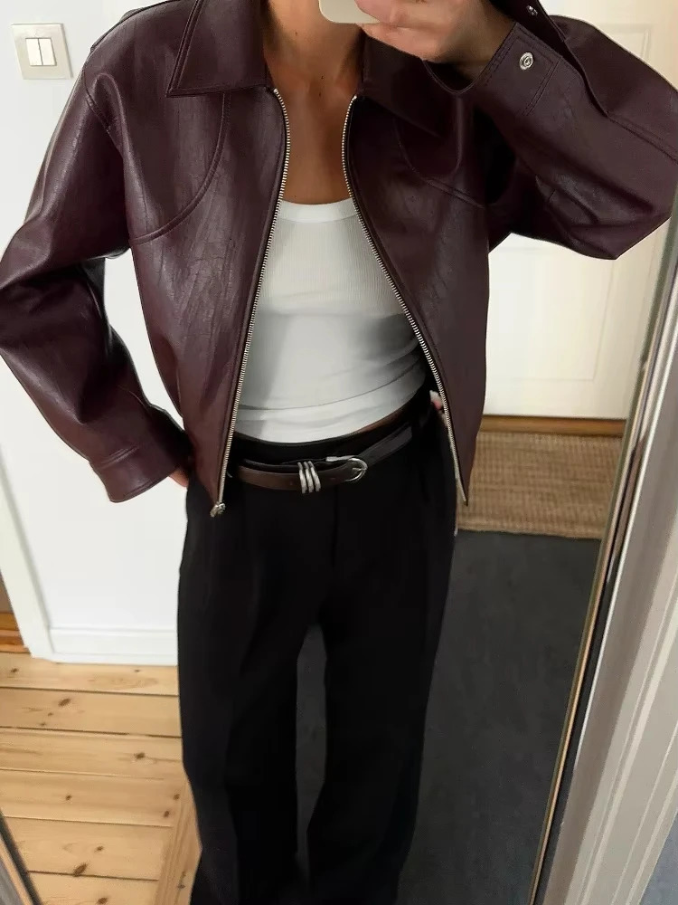 Wine Red Faux Leather Jakcet Fashion Outerwear Thicken Zipper Lapel Pu Coats Autumn Winter Streetwear Ladies Tops Women 260715CJ - view 6