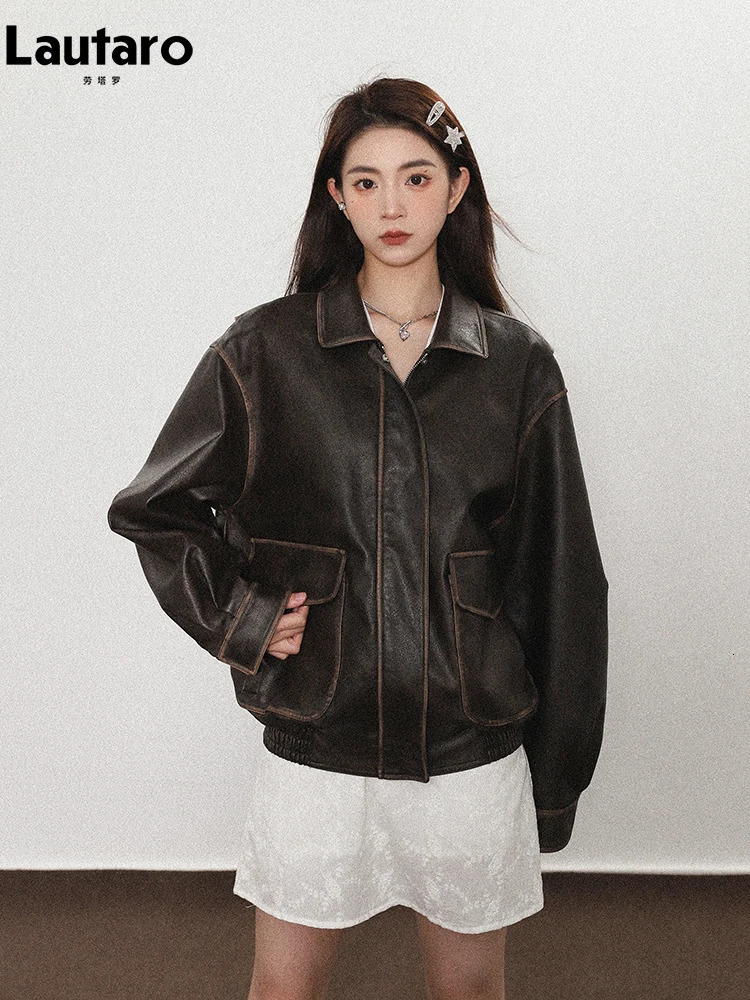 Lautaro Spring Autumn Cool Handsome Soft Vintage Distressed Brown Pu Leather Jacket Women Long Sleeve y ner Clothing 260715 - view 3