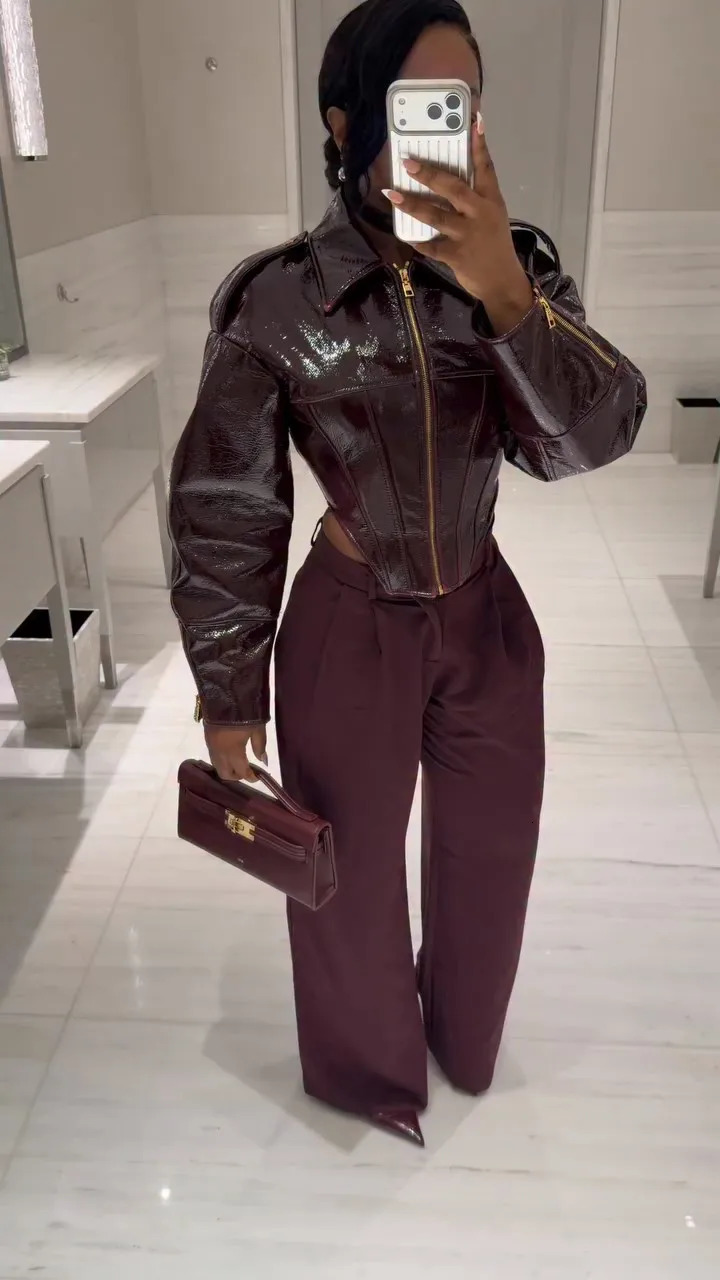 Women Retro Coated Cinched-waist Leather Jacket Lady Casual Lapel Full Sleeve Zipper Fishbone Coats 2026 Daily High Street Coat 260715CJ - view 5