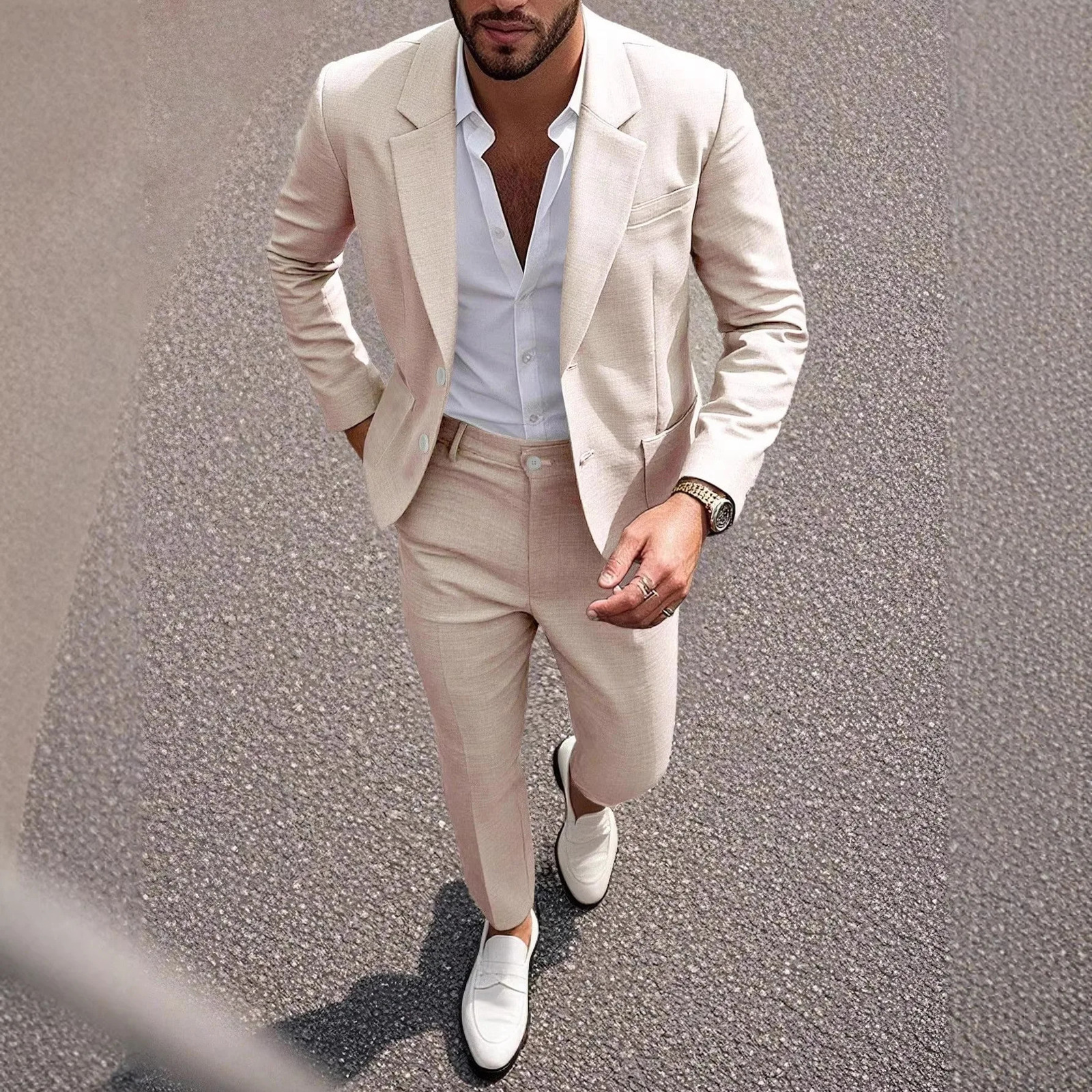 Casual Linen Tuxedo Suits for Men 2 Pieces Blazer and Pants Set Notched Lapel Mens Suit for Wedding Summer Beach Prom Party 260715 - view 5
