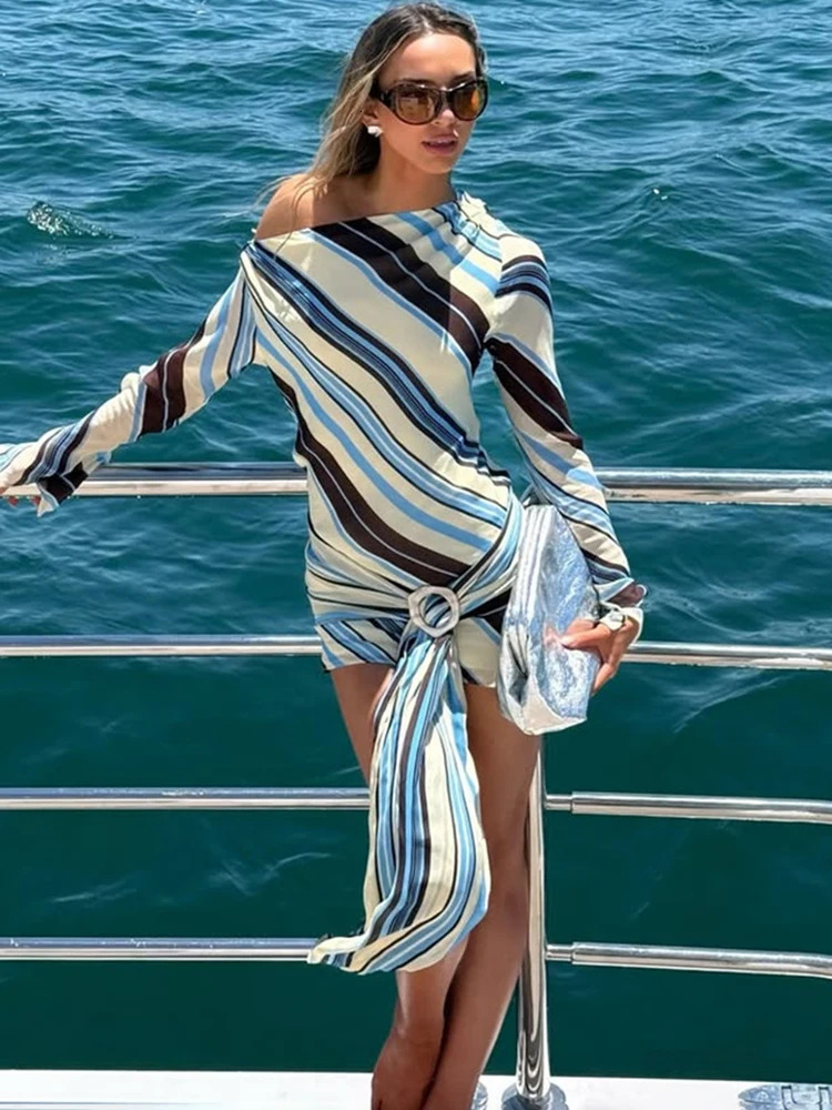 JULISSA MO Sexy One Shoulder Printed Striped Bandage Women Dress Long Sleeve High Waist Mini Dress Summer Slim Elegant Beachwear 260715