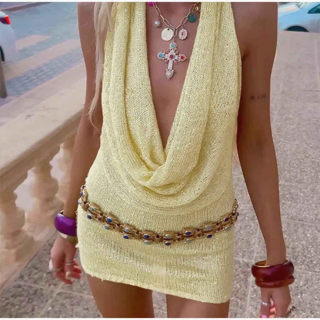 Summer Beach Vacation Pool Party Swimsuit Cover Up Sexy Backless Hollow Out Dress Fashion Knitting Tie Short 260707 - view 6