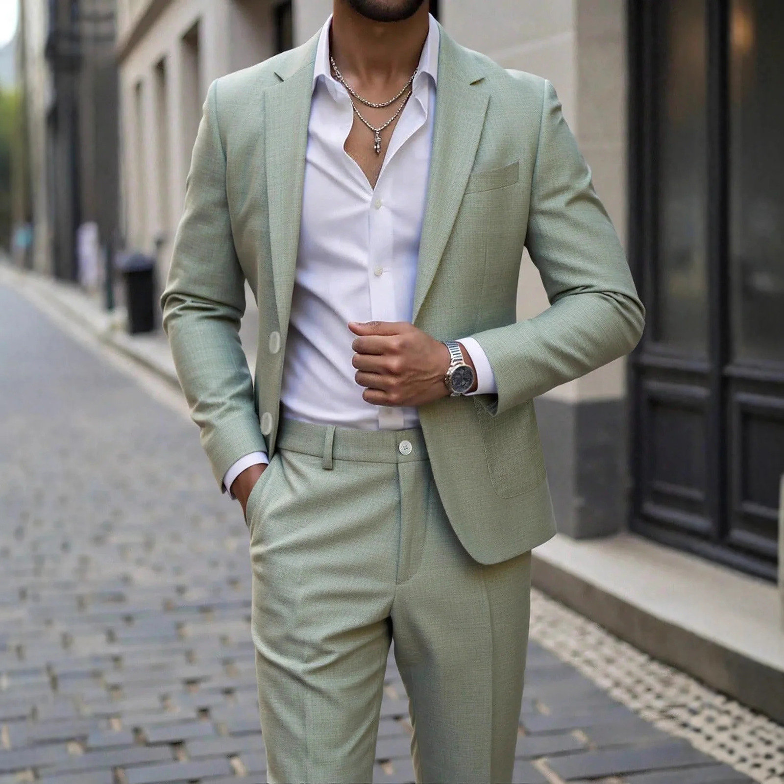 Casual Linen Tuxedo Suits for Men 2 Pieces Blazer and Pants Set Notched Lapel Mens Suit for Wedding Summer Beach Prom Party 260715 - view 4