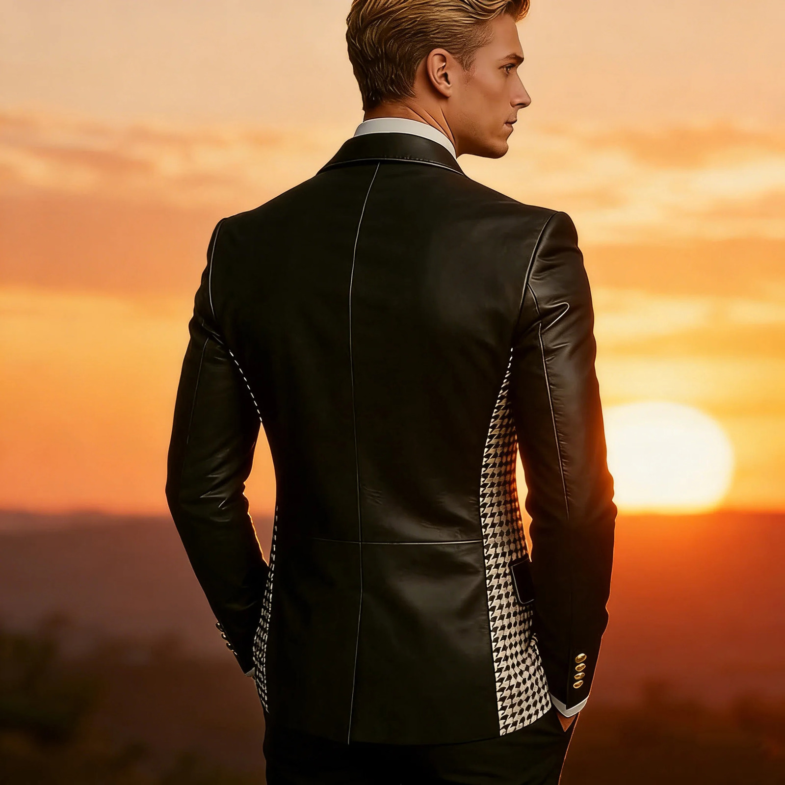 Mens Brown Leather Blazer With Houndstooth Sides Vintage Two-Tone Double Breasted Slim Fit Gold Buttons Leather Tuxedo Jacket 260716 - view 7