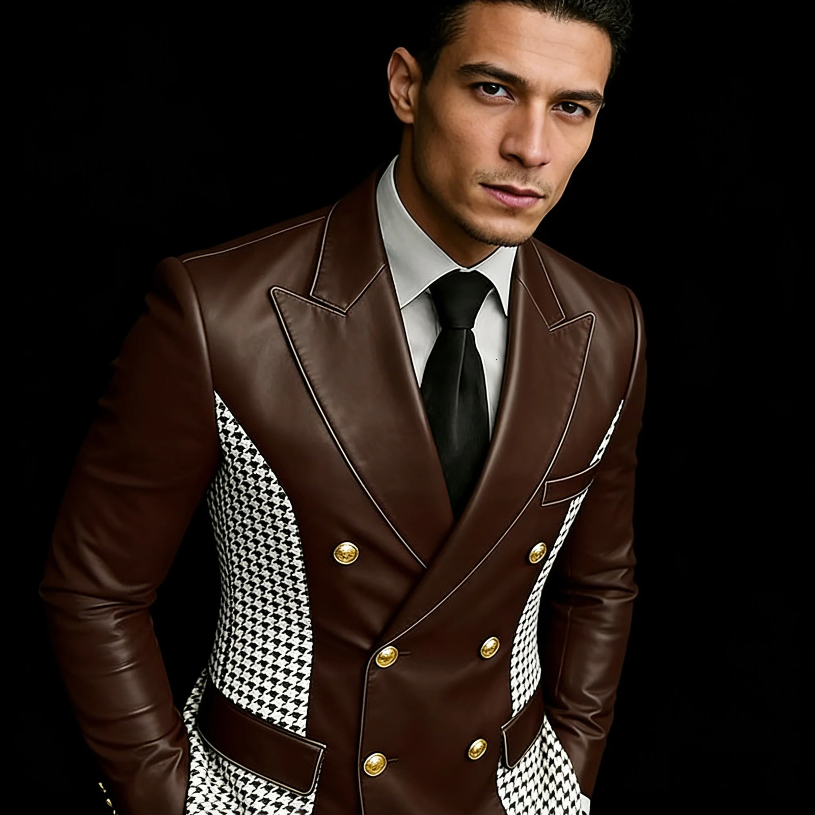 Mens Brown Leather Blazer With Houndstooth Sides Vintage Two-Tone Double Breasted Slim Fit Gold Buttons Leather Tuxedo Jacket 260716 - view 6