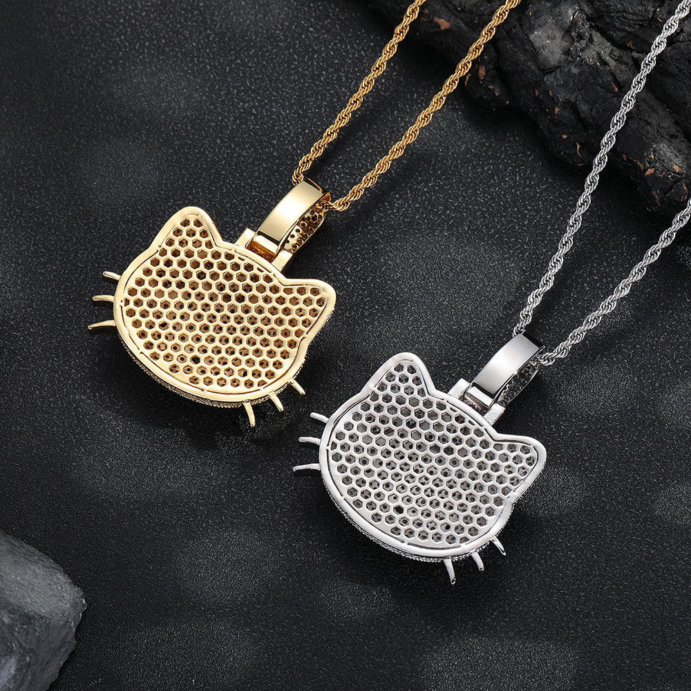 New Luxury Jewelry cat pendant with full diamond inlay cute pink Moissanite fashion personality hip-hop necklace for men and women - view 3