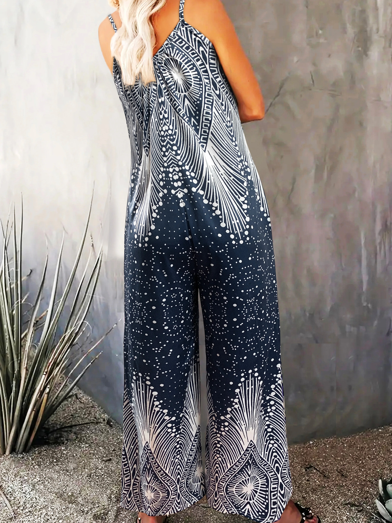 Womens Off the Shoulder Slingback Long Length Drawings Print JumpsuitFall Sleeveless Jumpsuit For holiday outfit 260714banjia