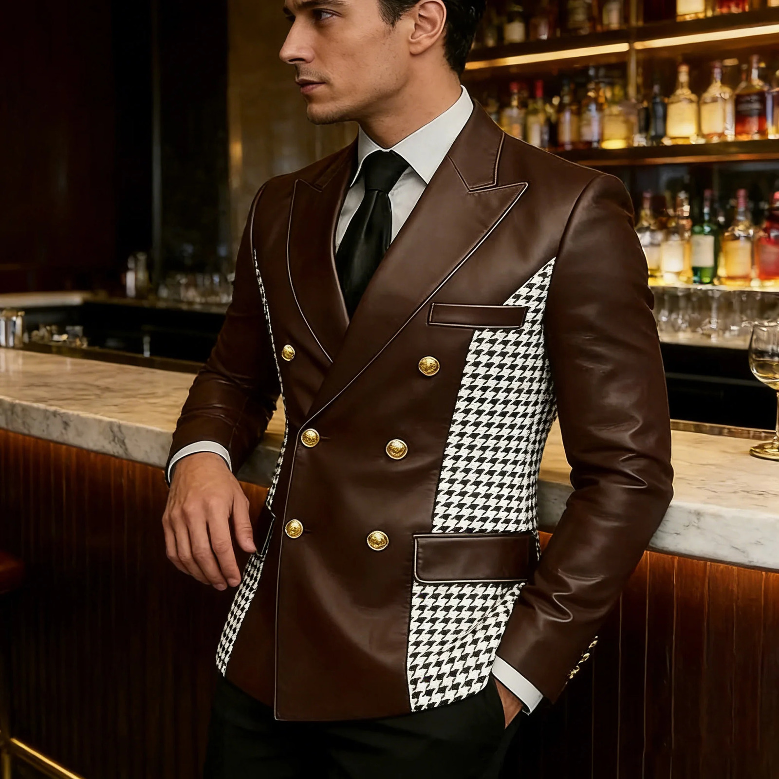 Mens Brown Leather Blazer With Houndstooth Sides Vintage Two-Tone Double Breasted Slim Fit Gold Buttons Leather Tuxedo Jacket 260716 - view 4