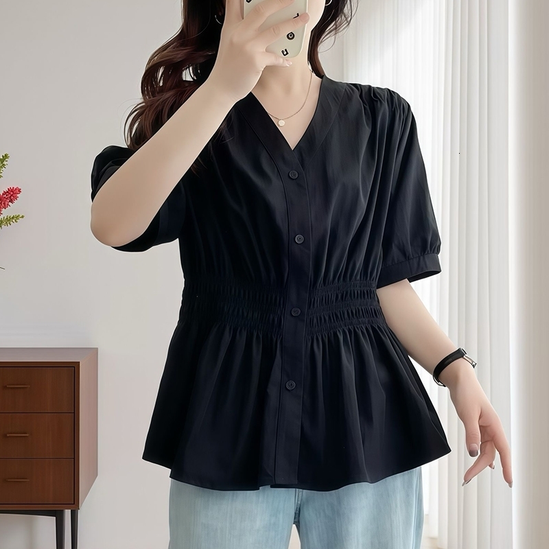 200 Pounds Plus Size Elastic Waist Summer Shirt And Blouse Solid Top Womens In Clothes Simple Vneck French y260711banjia