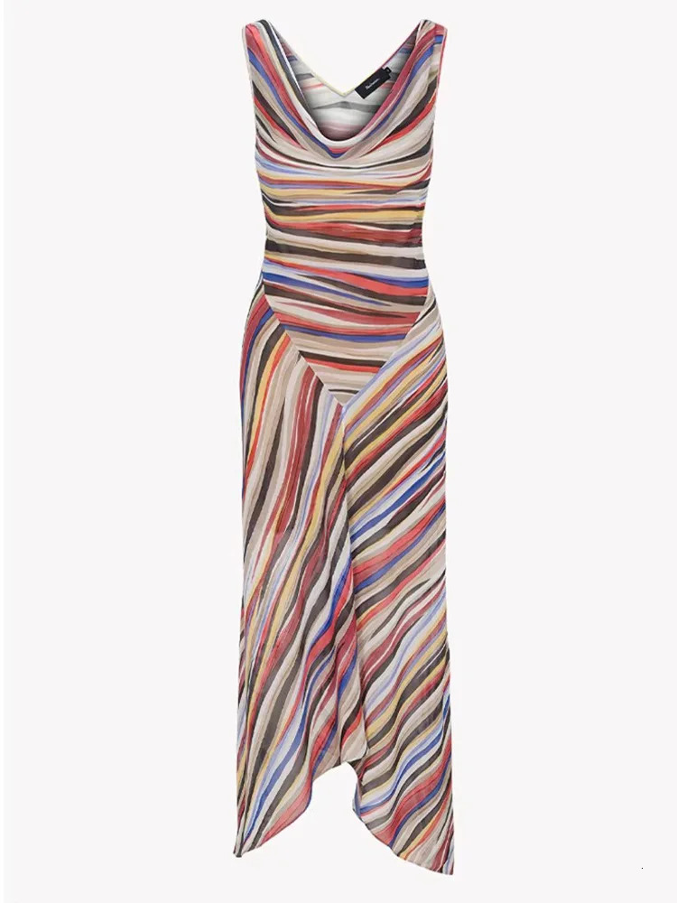 Summer Sleeveless Striped Spaghetti Strap Women Dress Irregular Tight Vacation Vestidos V-neck Fashion Long Skirt Loose 2026 260715 - view 5