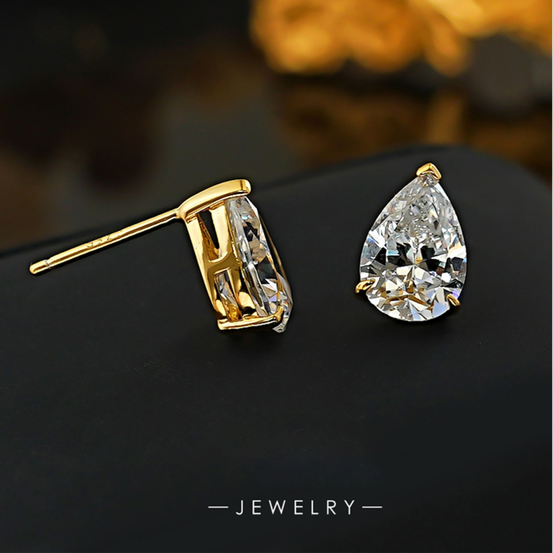 3 Prong Pear Cut Cubic Zirconia Stud Earrings Gold Tone Teardrop Ear Jewelry For Women - view 4
