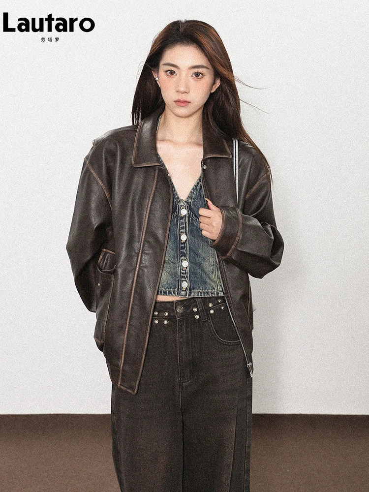 Lautaro Spring Autumn Cool Handsome Soft Vintage Distressed Brown Pu Leather Jacket Women Long Sleeve y ner Clothing 260715 - view 5