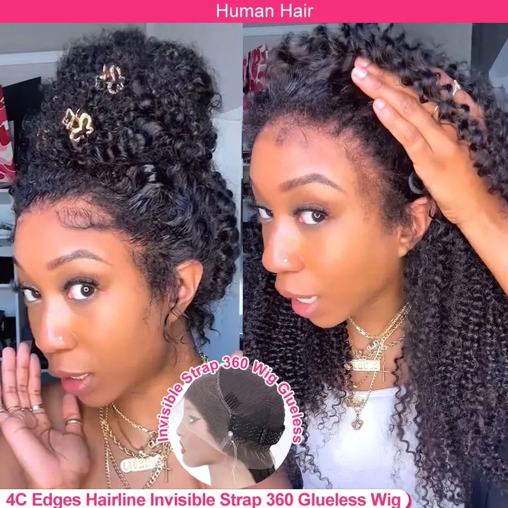 4C kinky Edges Invisible Drawstring 360 Full 13x6 HD Lace Front Wigs Human Hair Wigs With Kinky Curly Wear And Go Around Glueless Wigs Human Hair For  - view 6