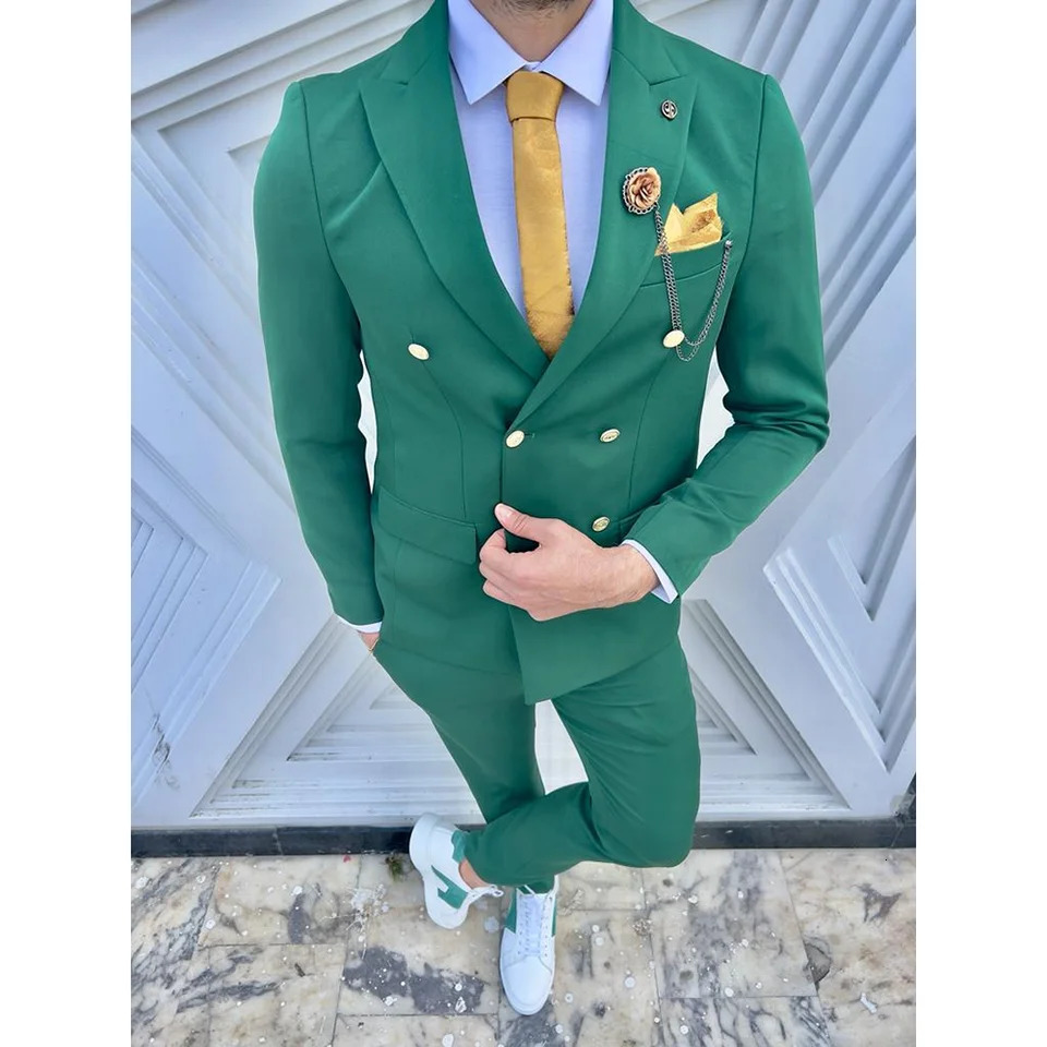Summer Green Men Suits Two Piece Chic Lapel Double Breasted Wear Fashion Business Casual Office Suit Slim BlazerPants 260715CJ - view 3