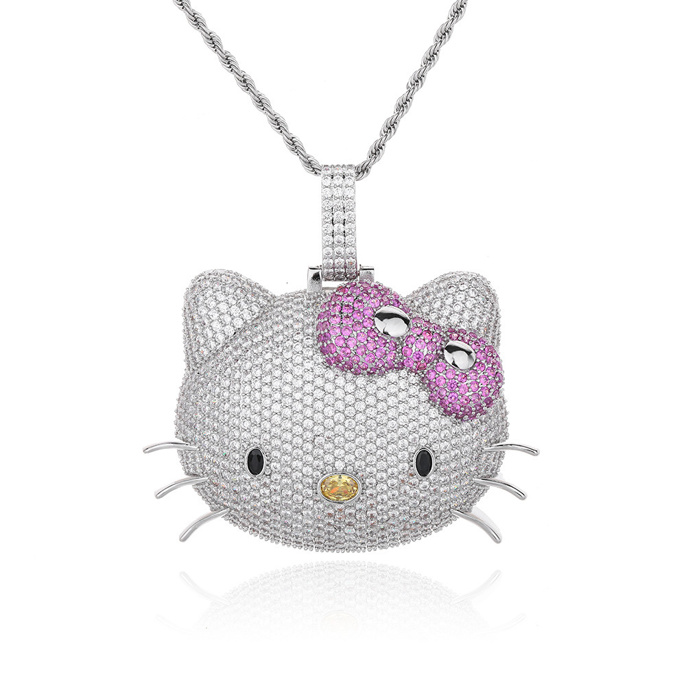 New Luxury Jewelry cat pendant with full diamond inlay cute pink Moissanite fashion personality hip-hop necklace for men and women - view 6