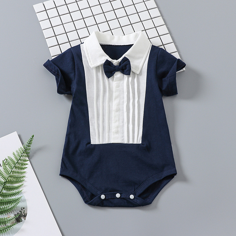 Gentleman Tuxedo Baby Boy Bodysuit, Bow Tie Formal Short Sleeve Infant Romper for Party Baptism