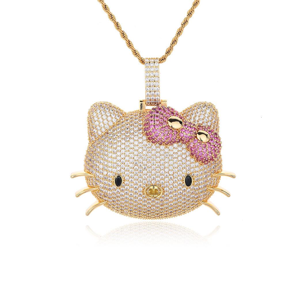 New Luxury Jewelry cat pendant with full diamond inlay cute pink Moissanite fashion personality hip-hop necklace for men and women - view 9