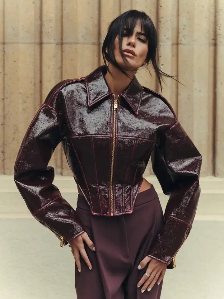 Women Retro Coated Cinched-waist Leather Jacket Lady Casual Lapel Full Sleeve Zipper Fishbone Coats 2026 Daily High Street Coat 260715CJ - view 3